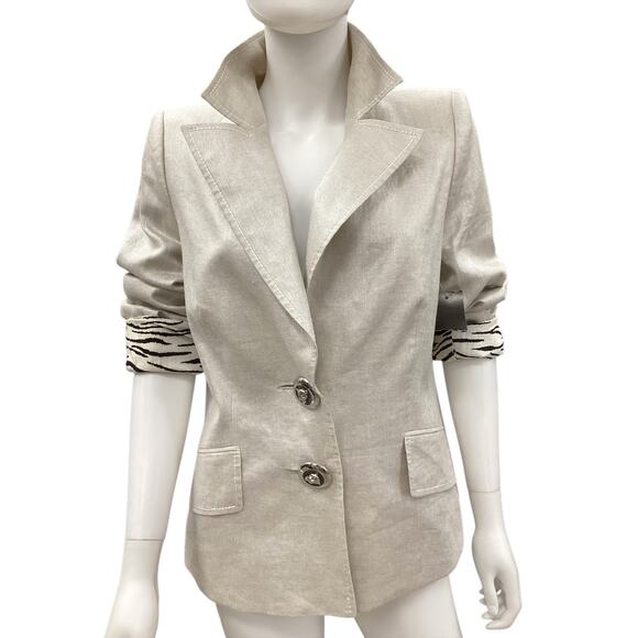 Escada Blazer Womens SZ12 100% Linen Animal Print LiningAmazing Wild Cat Buttons - Picture 2 of 8